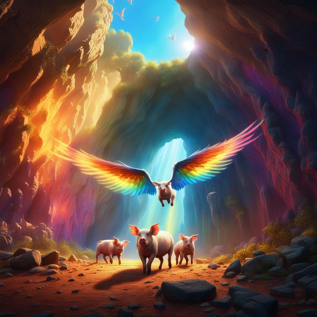 Winged Pigs Emerge from Cave in Dreamlike Scene