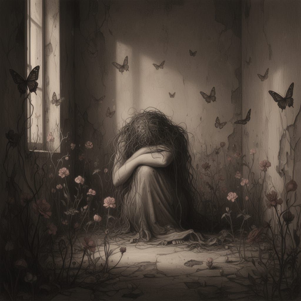 Melancholic Figure in Shadowed Garden