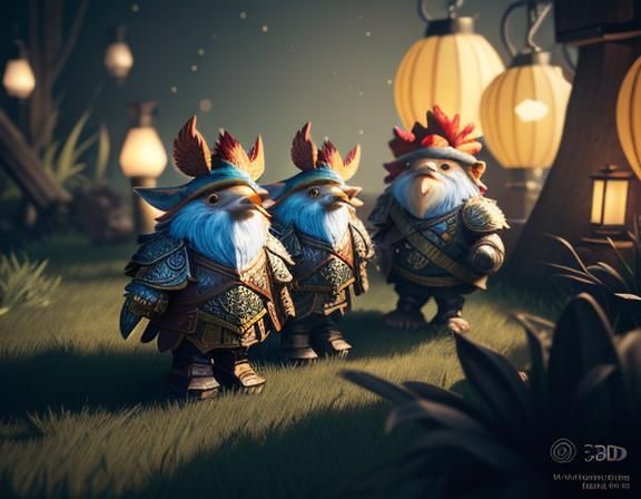 Female Gnome Tending Rooster: 3D Game Cinematic