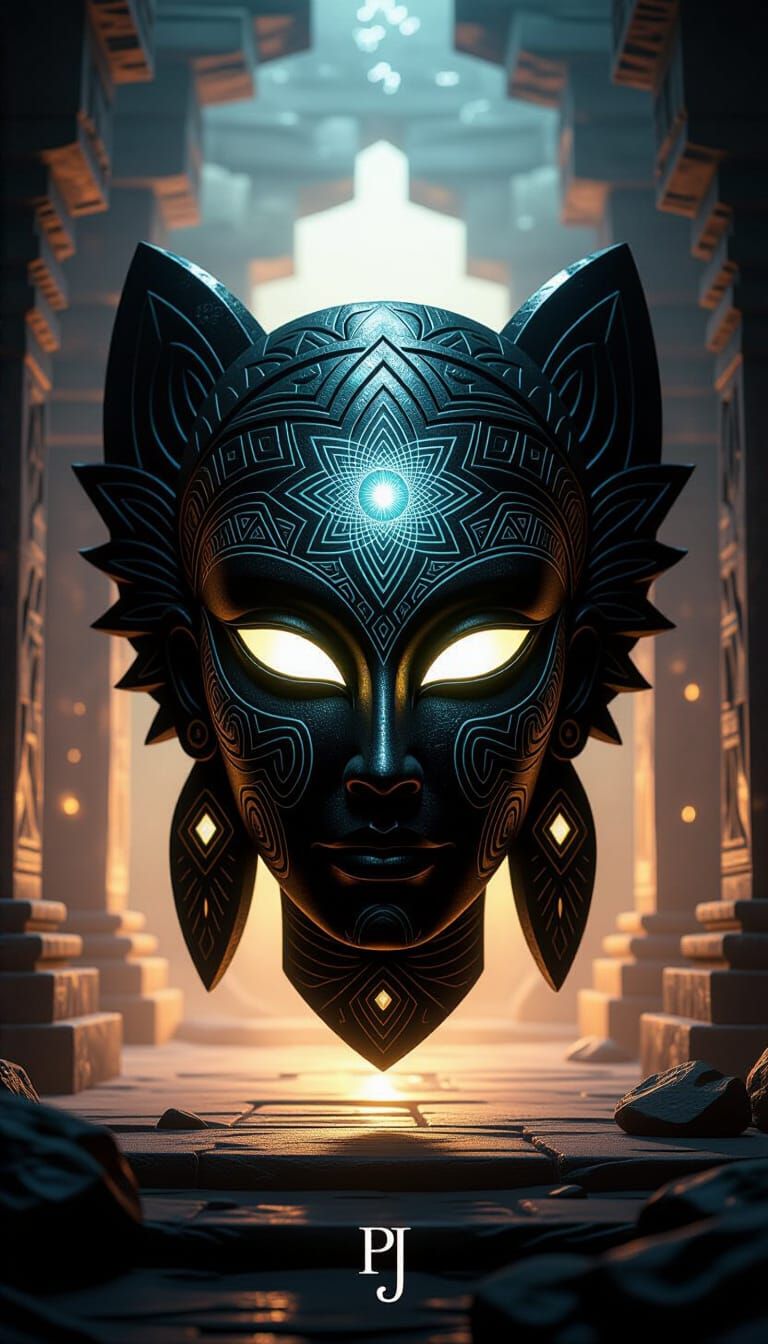 Alien Mask with Fractal Patterns in Otherworldly Temple
