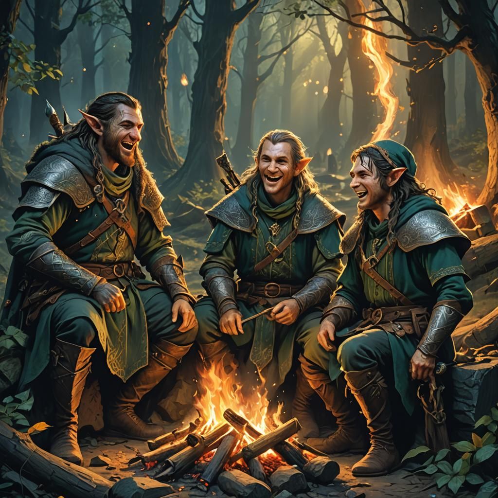 Fantasy Medieval Campfire Scene in Art Nouveau Style