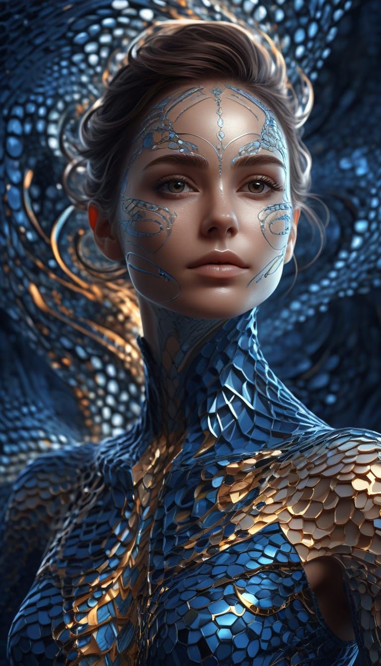Woman in Blue Scaled Bodysuit: Digital Art Portrait