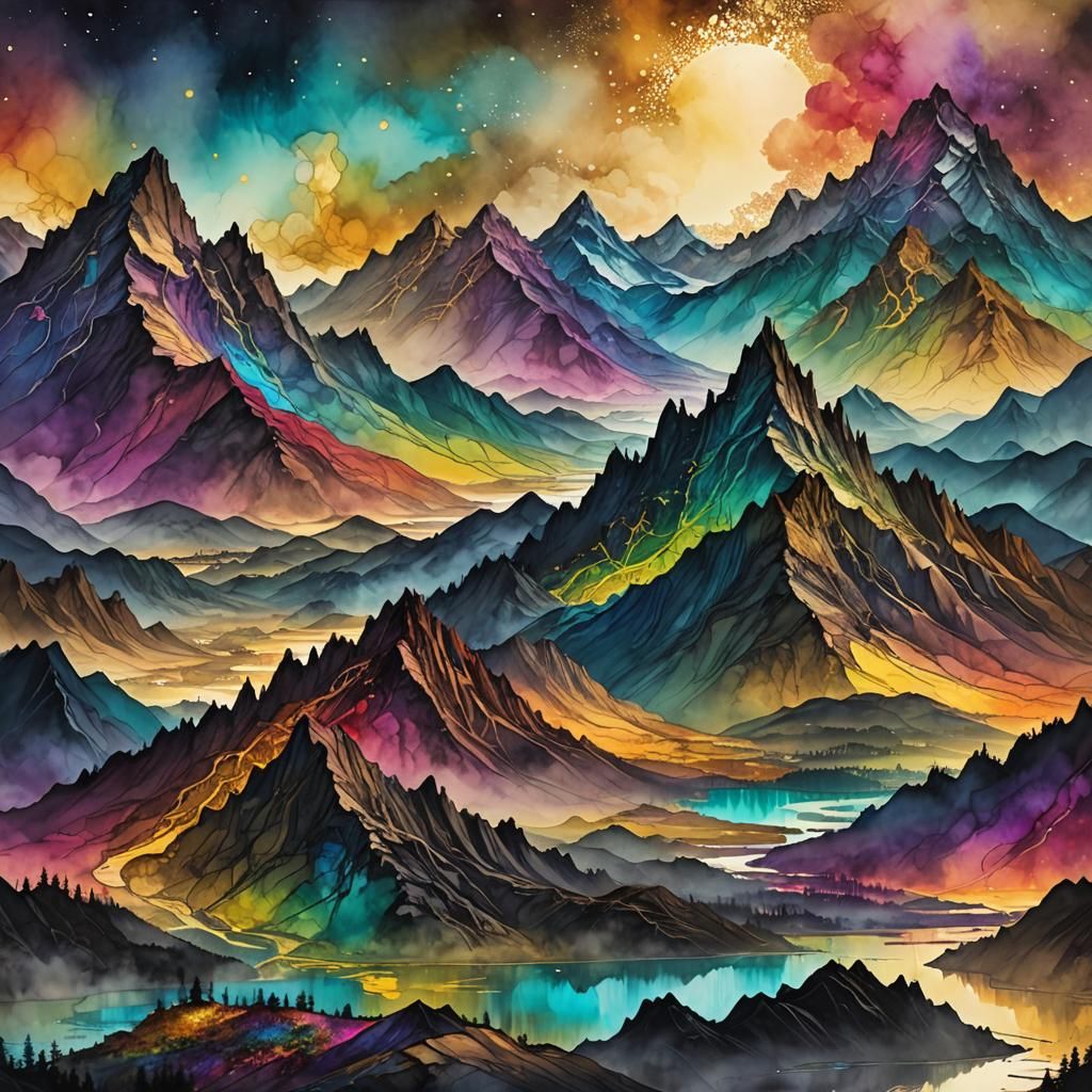 Rainbow Mountain Range in Alcohol Ink Style