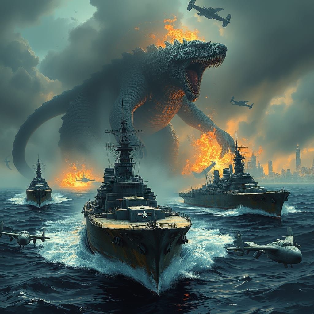 Epic WWII Kaiju Battle at Sea in a Cyberpunk Aesthetic