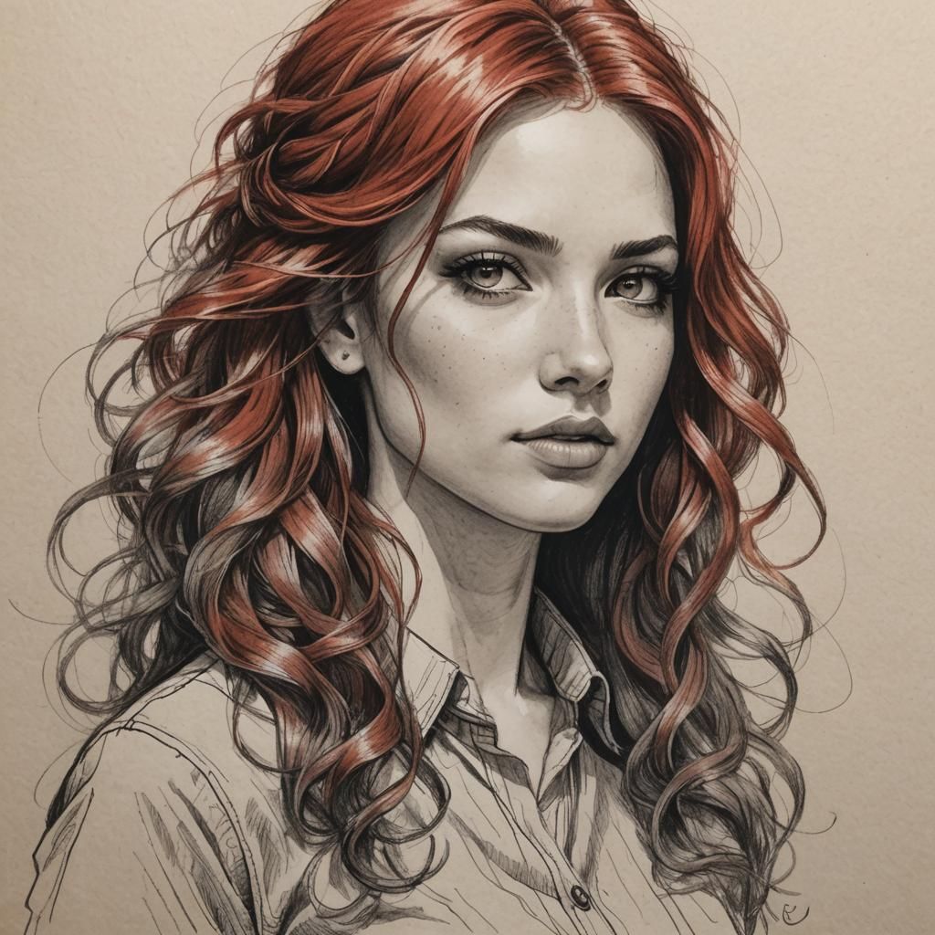 Pencil Sketch of a Girl with Fiery Red Hair
