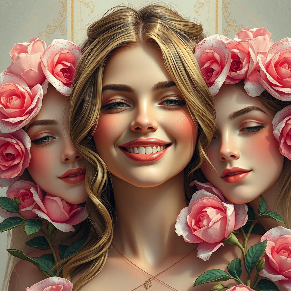 Smiling Woman with Girls and Flowers: Hyperdetailed Portrait