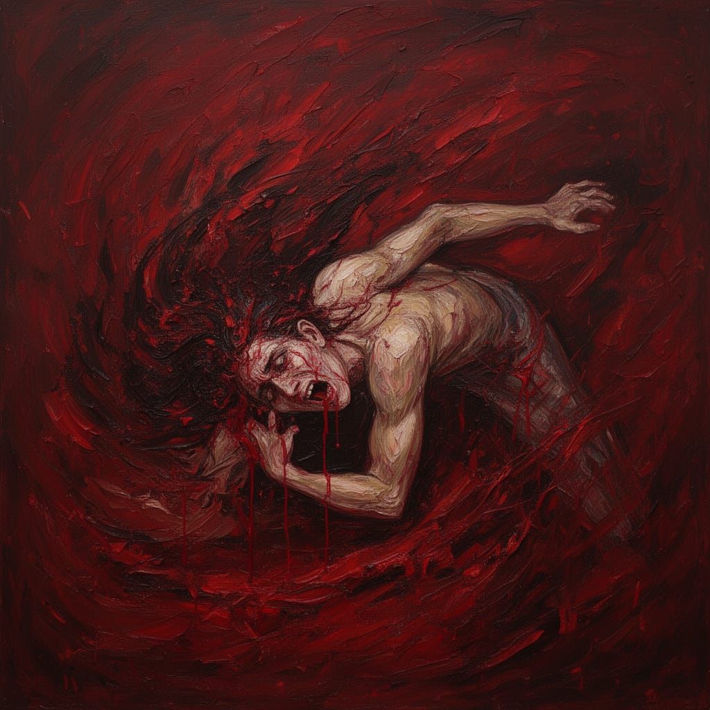 Expressionist Figure Crushed by Sorrow in Crimson Swirls