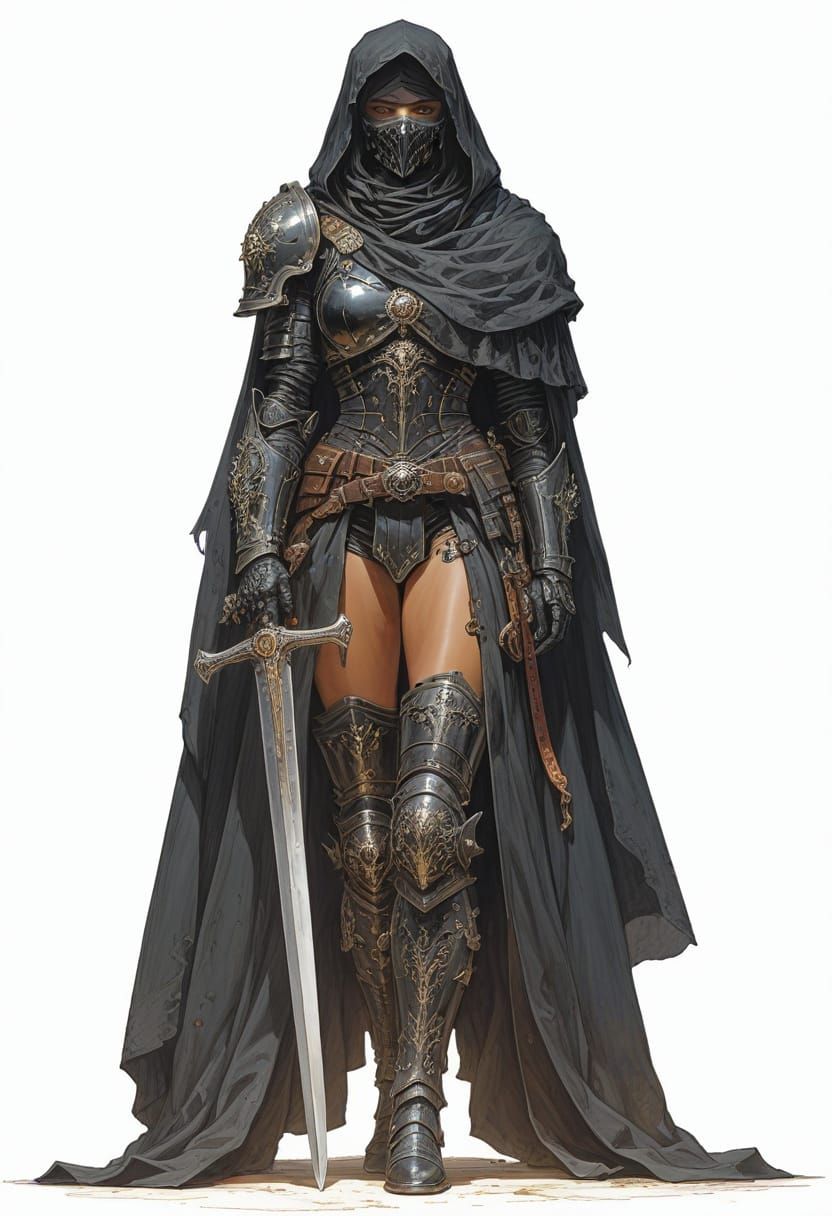 Female Knight in Black Armor with Power Sword