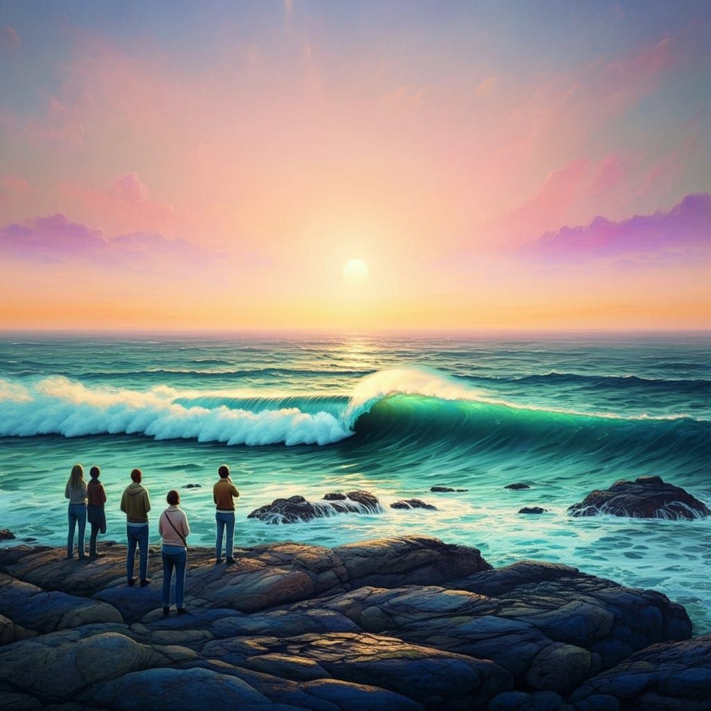 Sunset Watchers on Rocky Shore in Impressionist Style