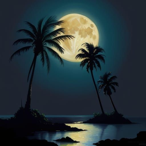 Gouache Painting of Moon and Palm Tree Landscape