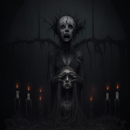 Macabre Porcelain Doll in a Haunting, Gothic Setting