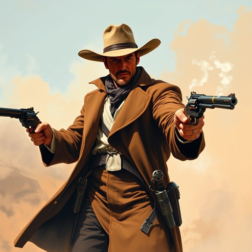 Gritty Gunslinger Fires Revolvers in Western Landscape