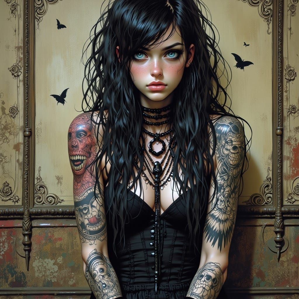 Goth Punk Girl with Tattoos in Burtonesque Style