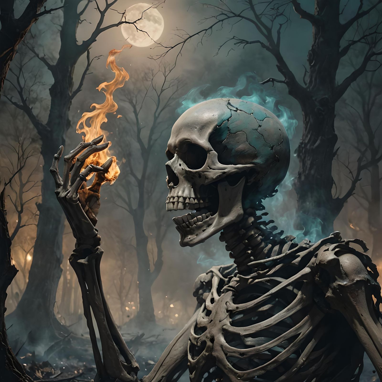 Horrified Skeleton Turns to Ash in Gloomy Forest