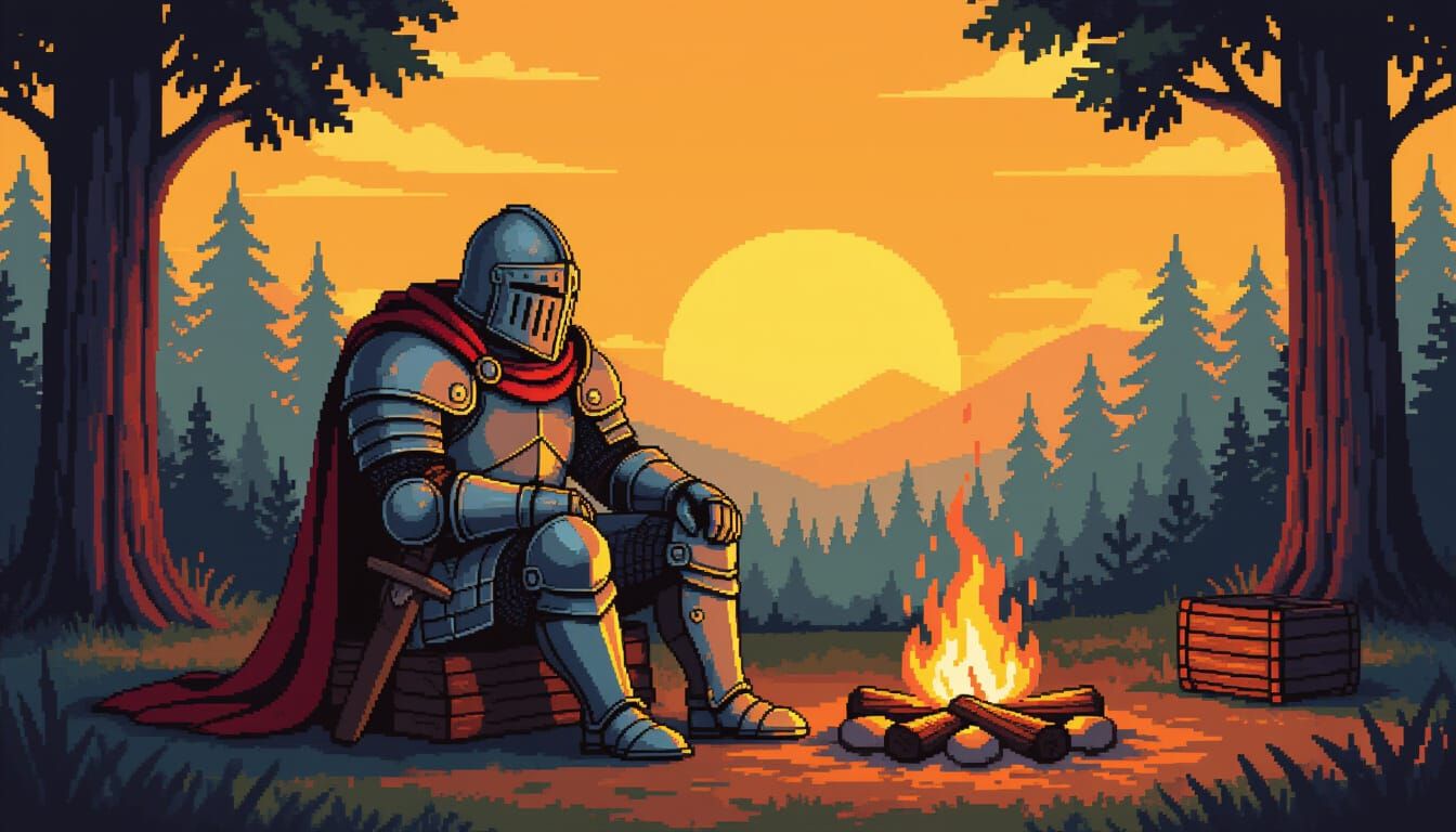 Cozy Pixel Art: Medieval Warrior Relaxing by Campfire