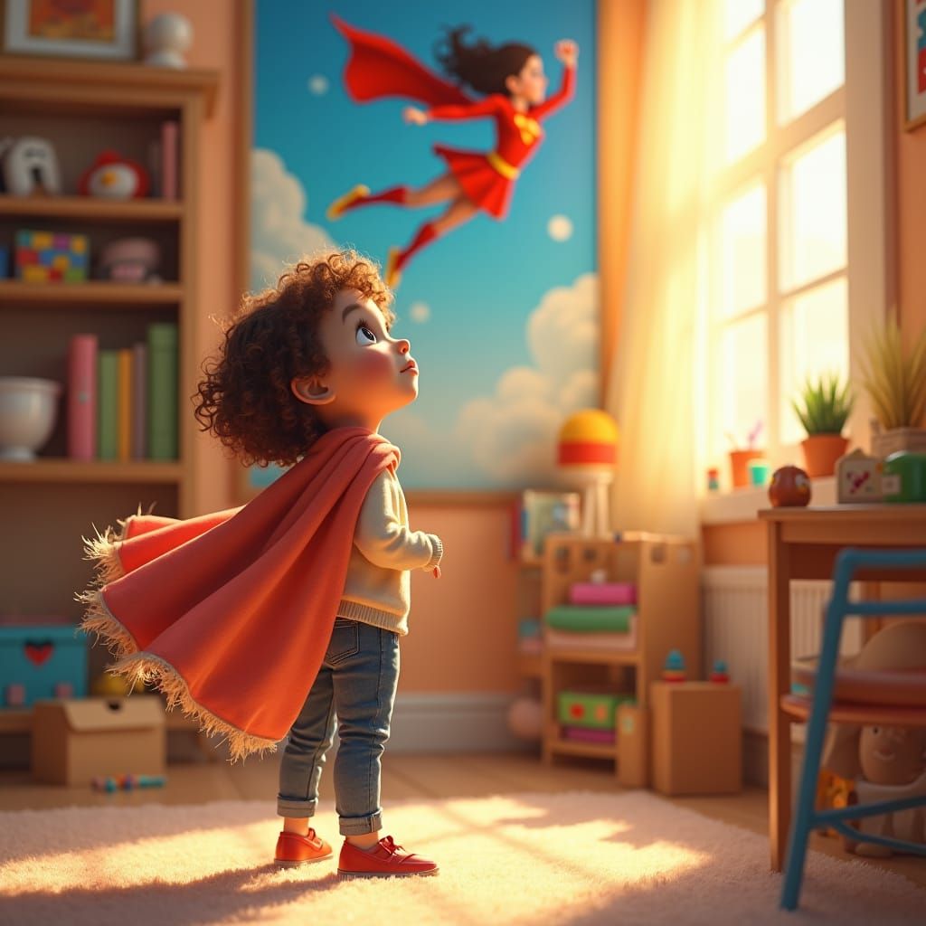 Girl Gazing at Super-Girl Poster, Digital Illustration