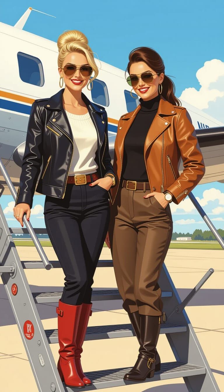 Beautiful Pilots on Vintage Airliner, Comic Book Art