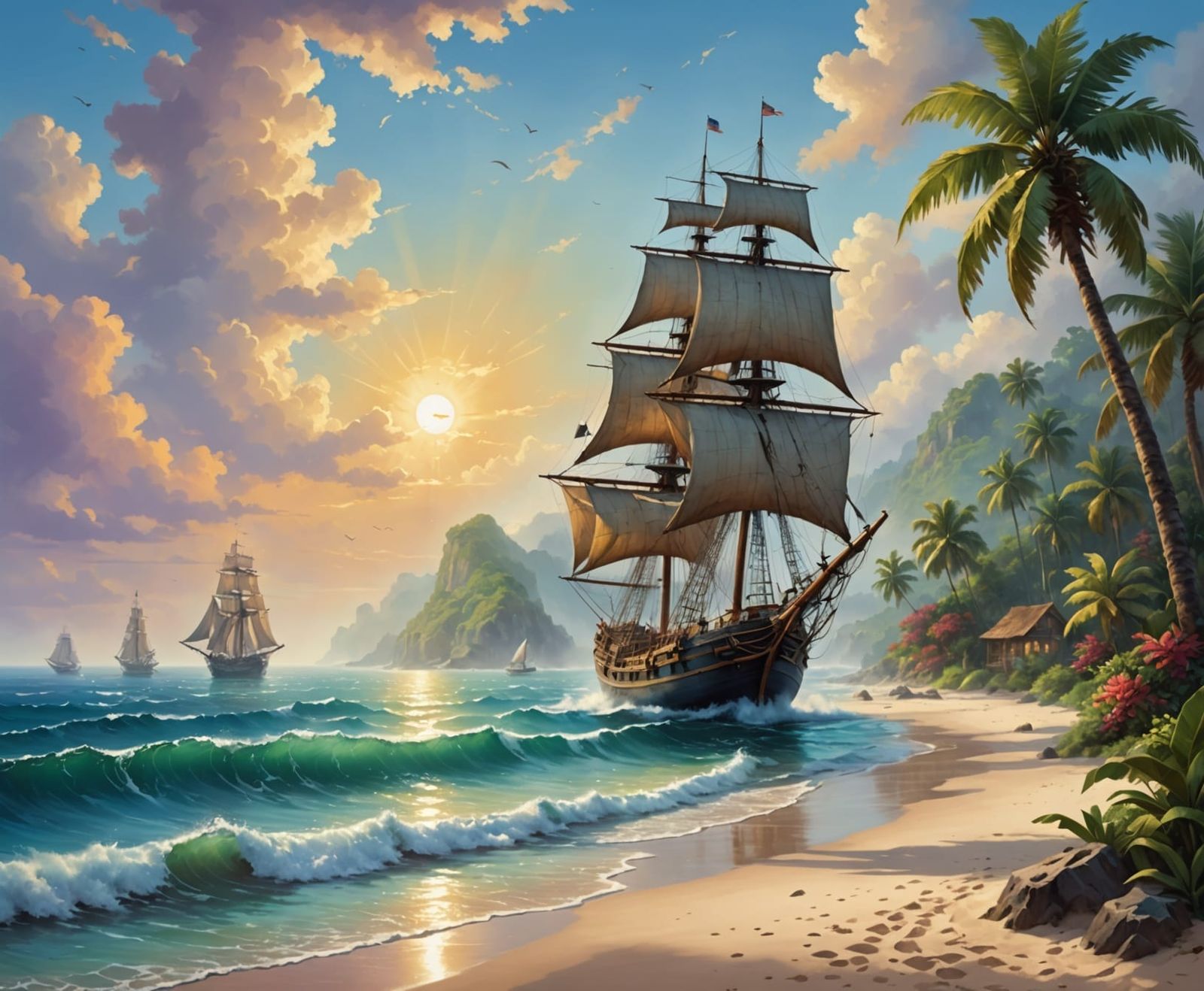 Tropical Beach with Sailship: Hyperrealistic Ethereal Painti...