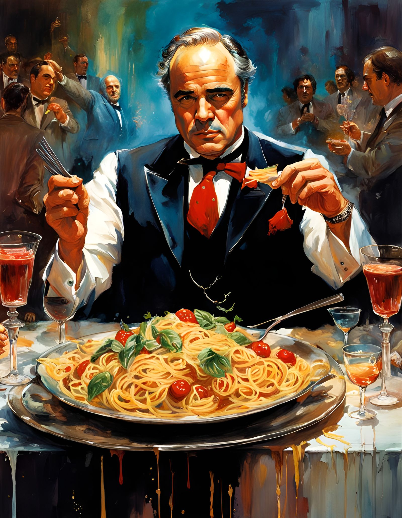 The Godfather's Pasta Feast: Watercolor Masterpiece