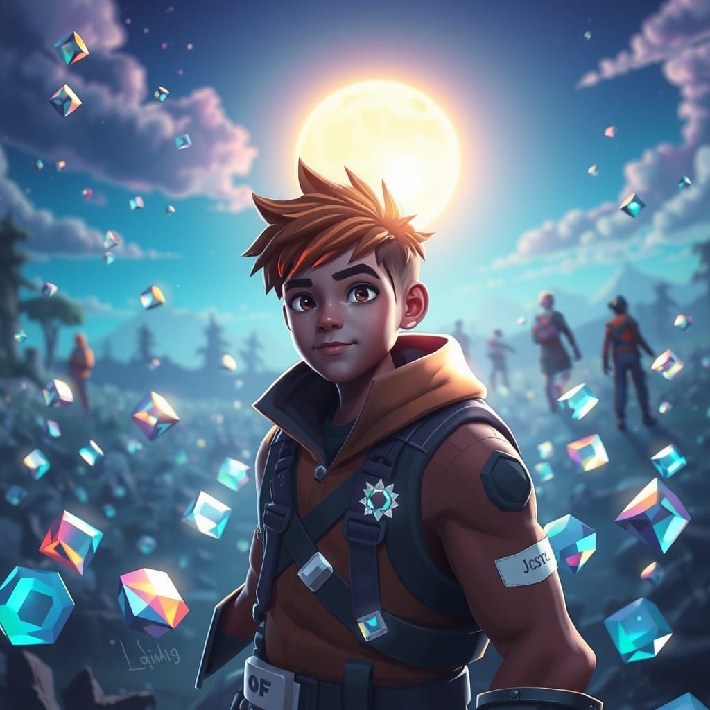 Fortnite Boy Surrounded by Diamonds Under Moonlight