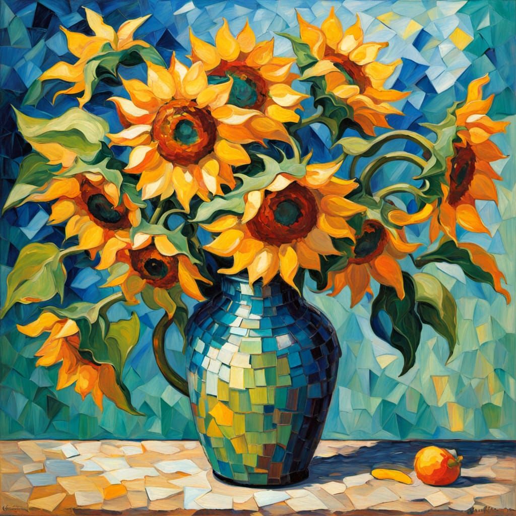 Vibrant Sunflowers on a Stained Glass Pedestal in Thick, Exp...