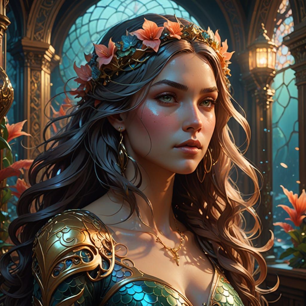 Mermaid Sorceress in Underwater Library: Digital Art