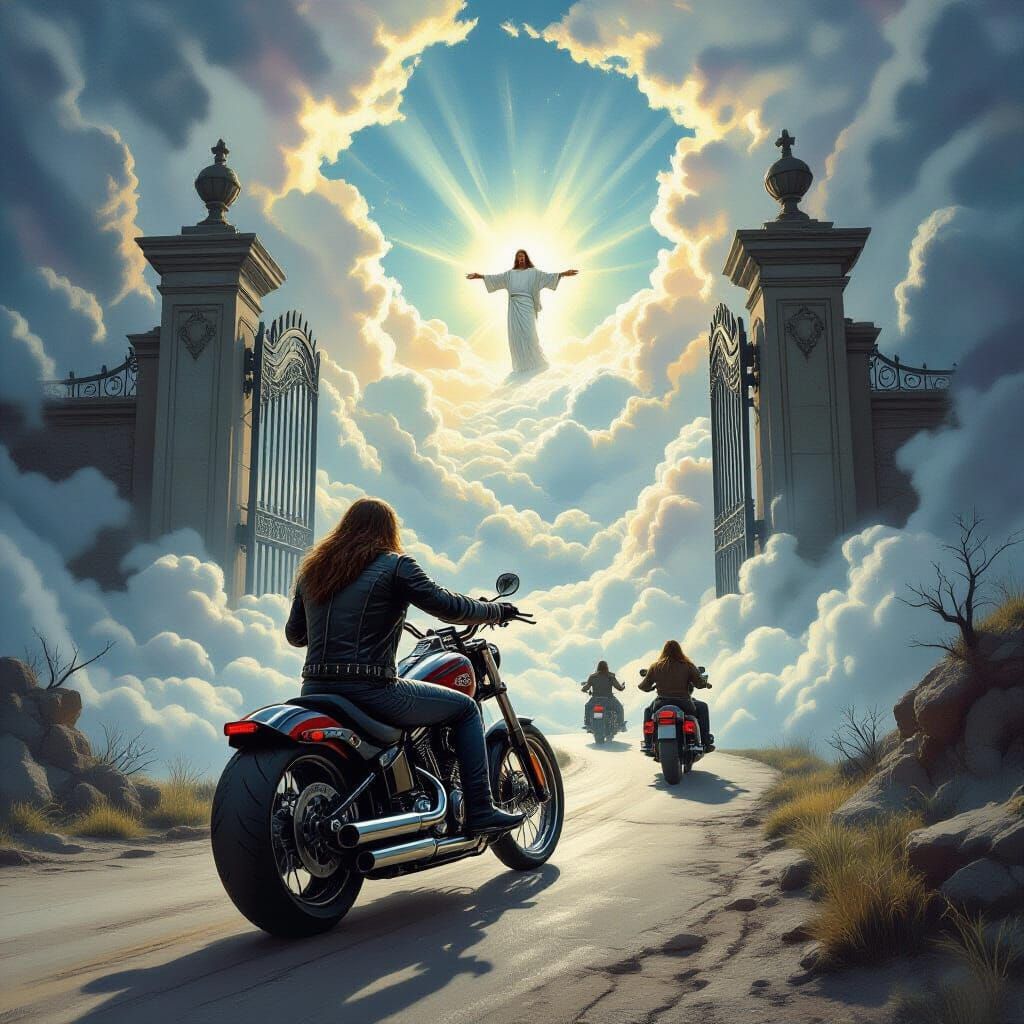 Biker Approaches Heaven's Gate in Dark Fantasy Style