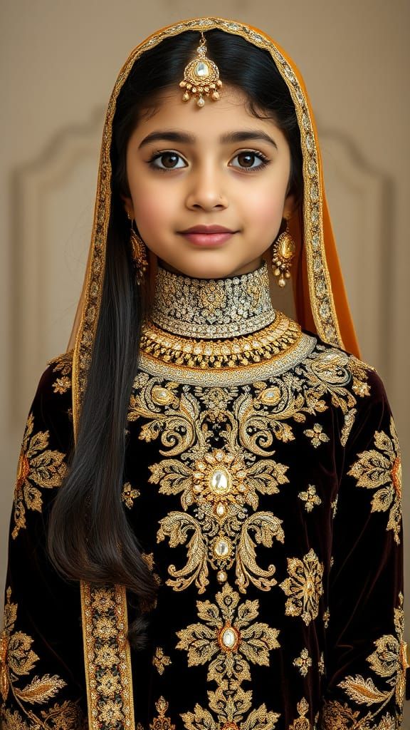 Elegant Young Girl in Golden and Black Velvet Eid Dress
