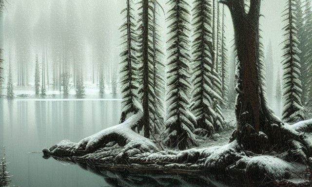Reflective Snowy Forest Painting