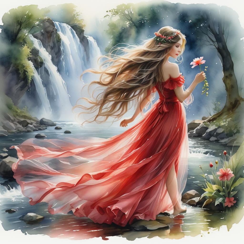 Realistic watercolor image of a beautiful fairy with long fl...