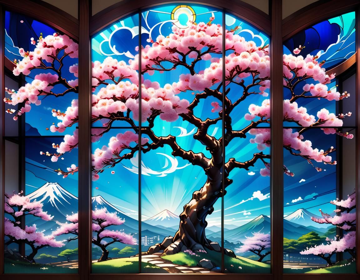 Cherry Blossoms in Stained Glass Anime Style
