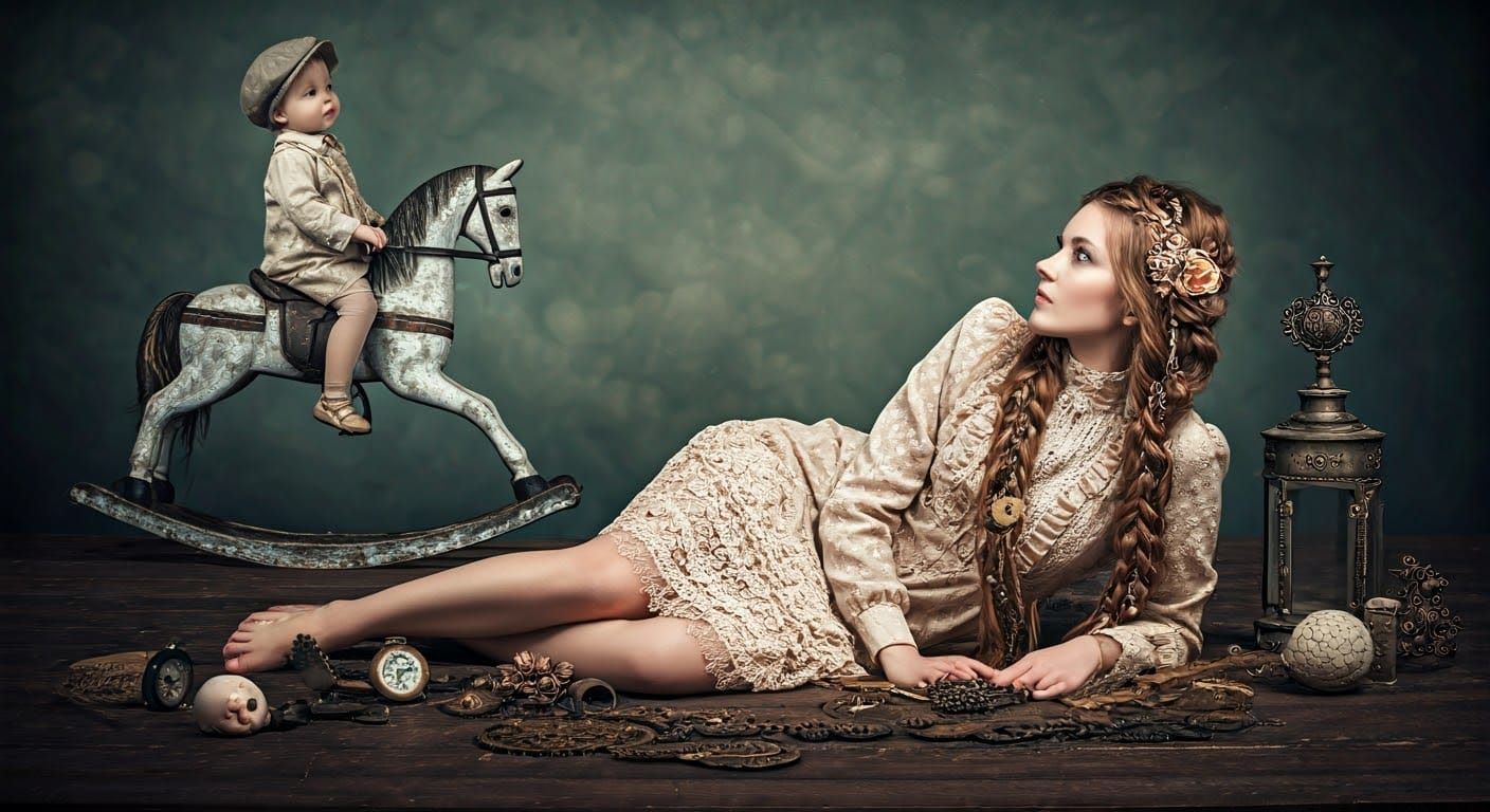 Ethereal Scene with Young Child and Dreamy Woman