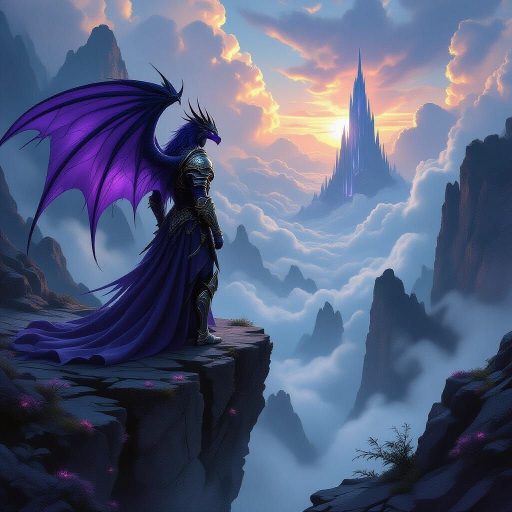 Colossal Amethyst Dragon on Chasm Edge in Dark Fantasy Style