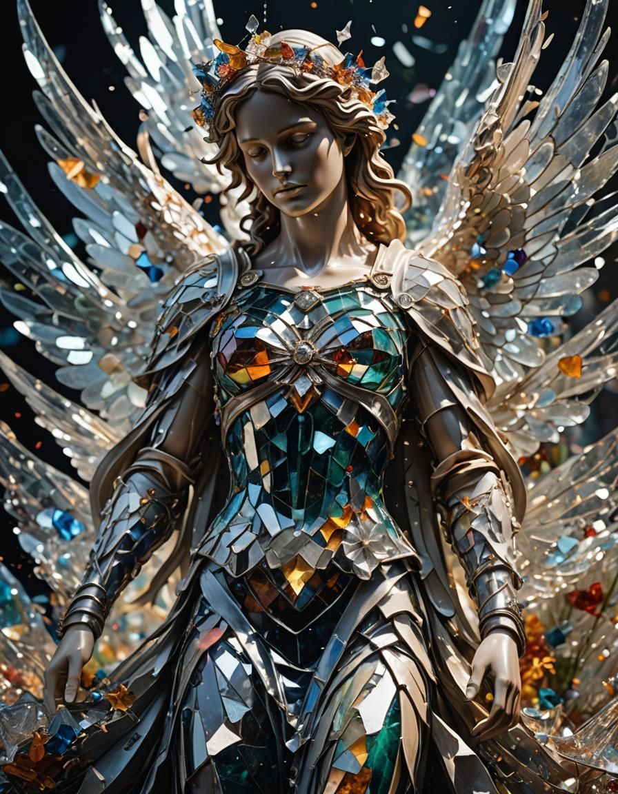 Shattered Glass Angelic Statue Bouquet: Complex Digital Art