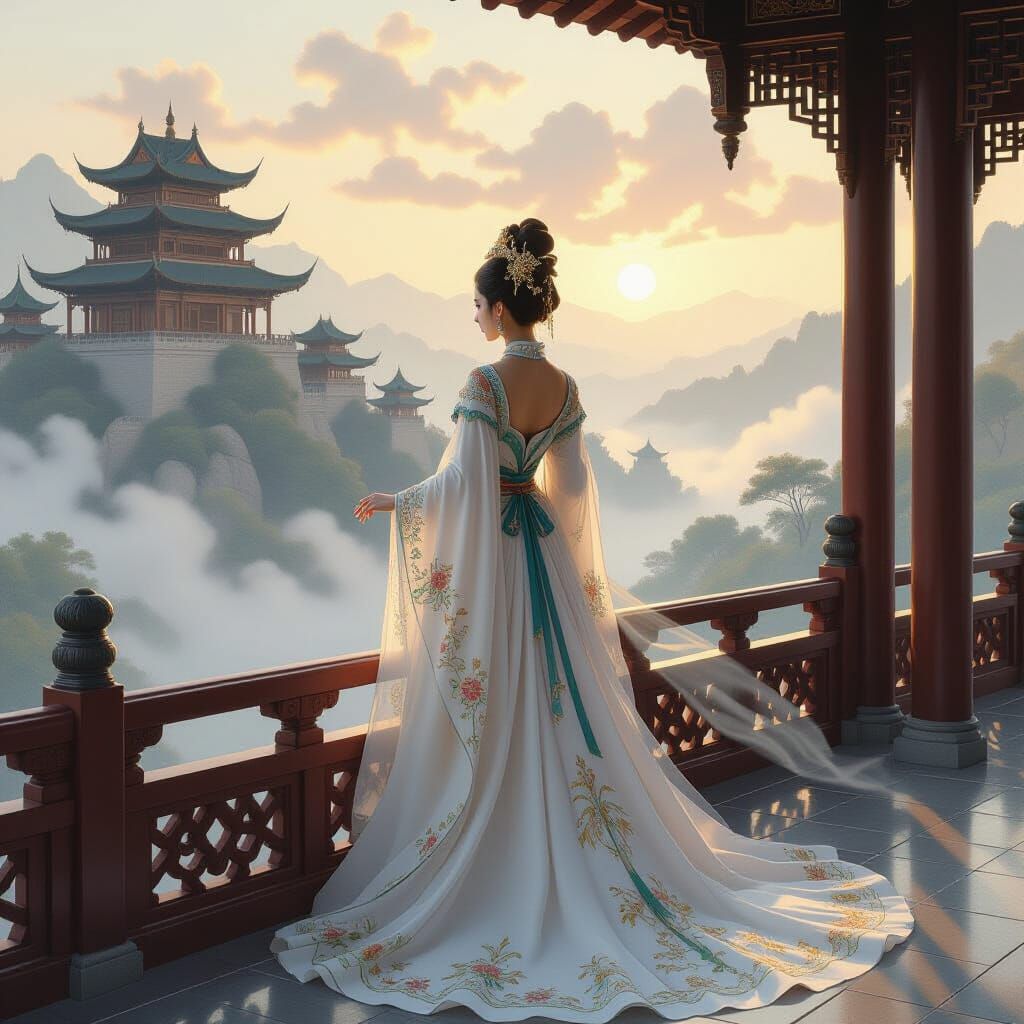 Majestic Chinese Princess in Ancient Castle Overlooking Mist...