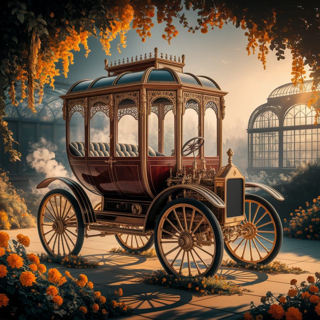 Victorian Clockwork Car in Botanical Garden Setting