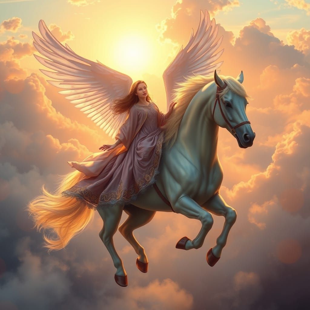 Ethereal Flight in Whimsical Sunset Landscapes