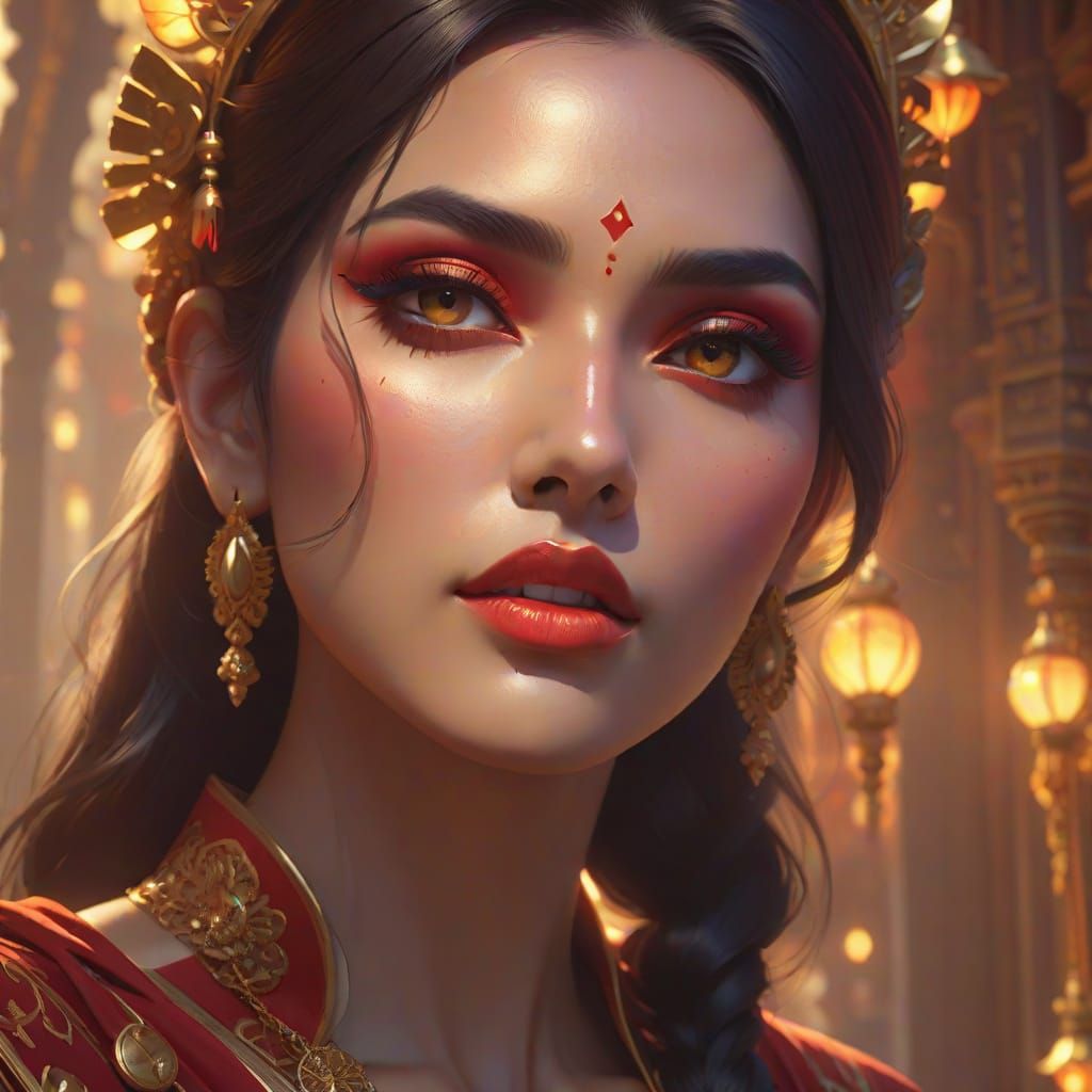 Indian Goddess in Vibrant Temple with Golden Accents