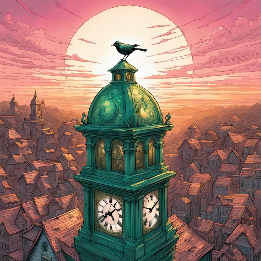 Golden Bird Nesting on Clock Tower at Sunrise