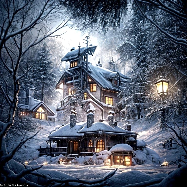 Winter Forest Cottage Under Snow