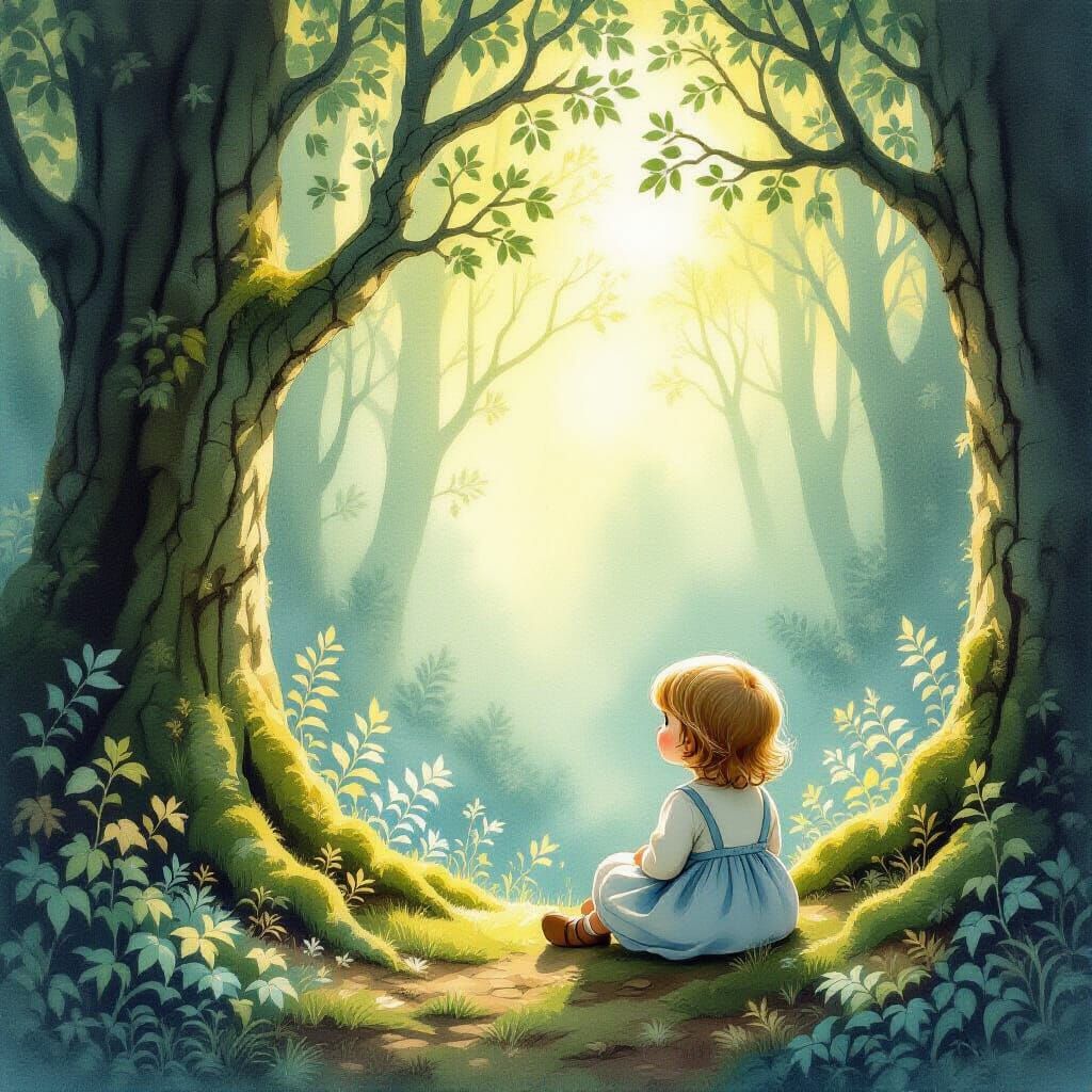 Child at Edge of Enchanted Forest in Beatrix Potter Style