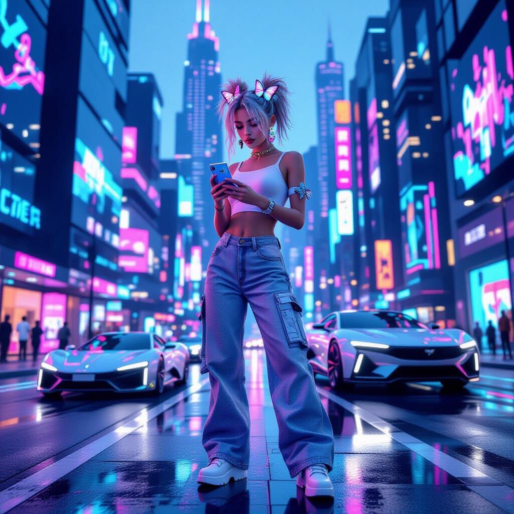 Y2K Futuristic Cityscape with Woman and Hovercar