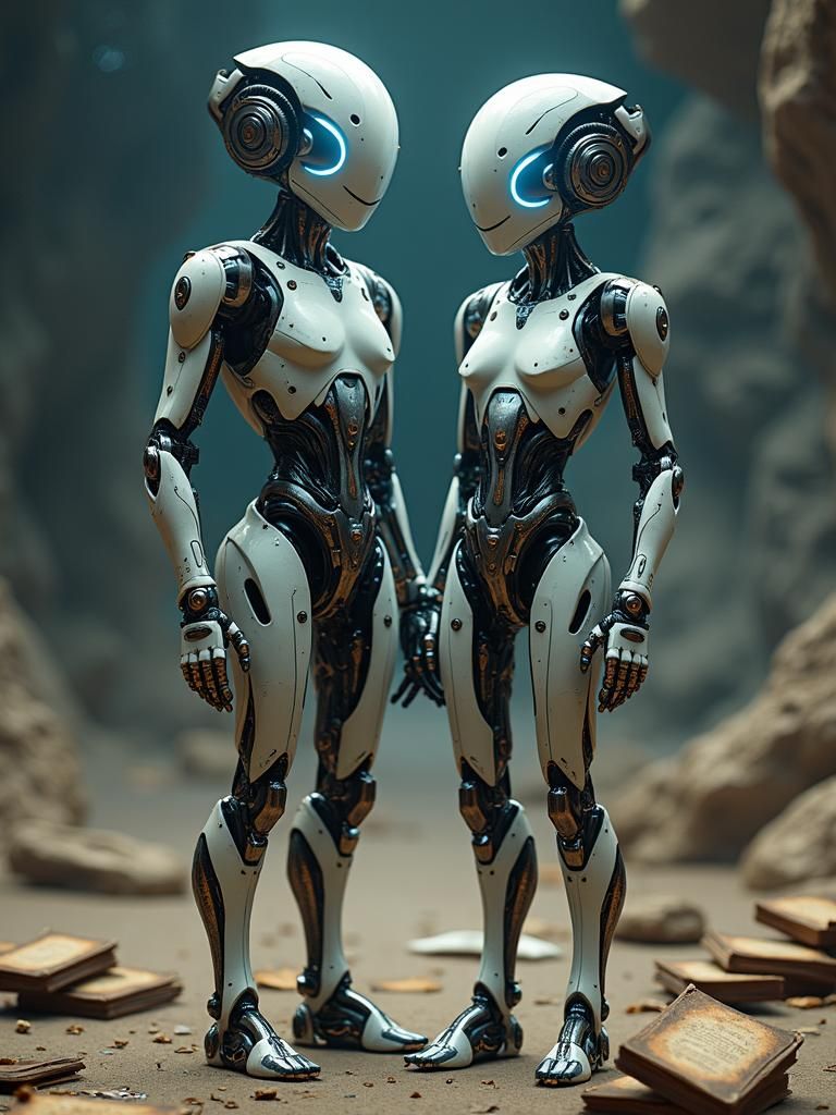 Androids in Futuristic Setting with Cosmic Backdrop