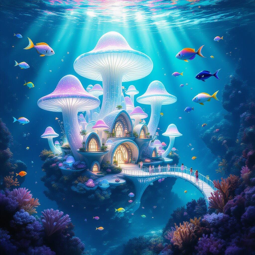 Bioluminescent Coral City with Fairy Architecture