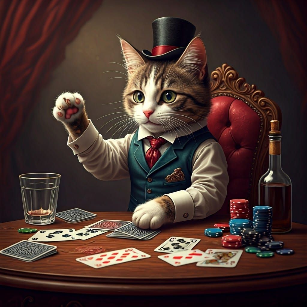 Whimsical Feline Gambler in Golden Light