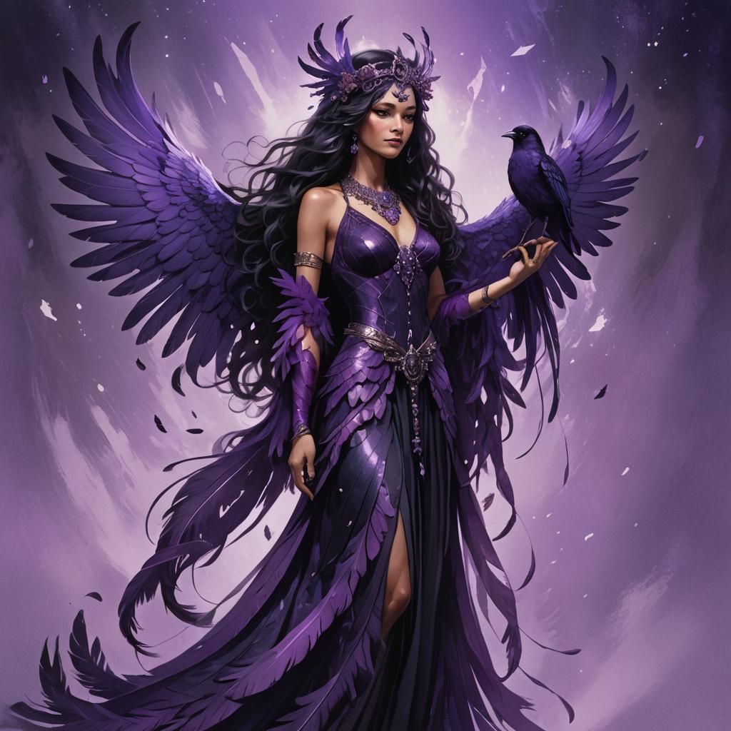 Night Bird Portrait with Purple Feathers in Fantasy Style