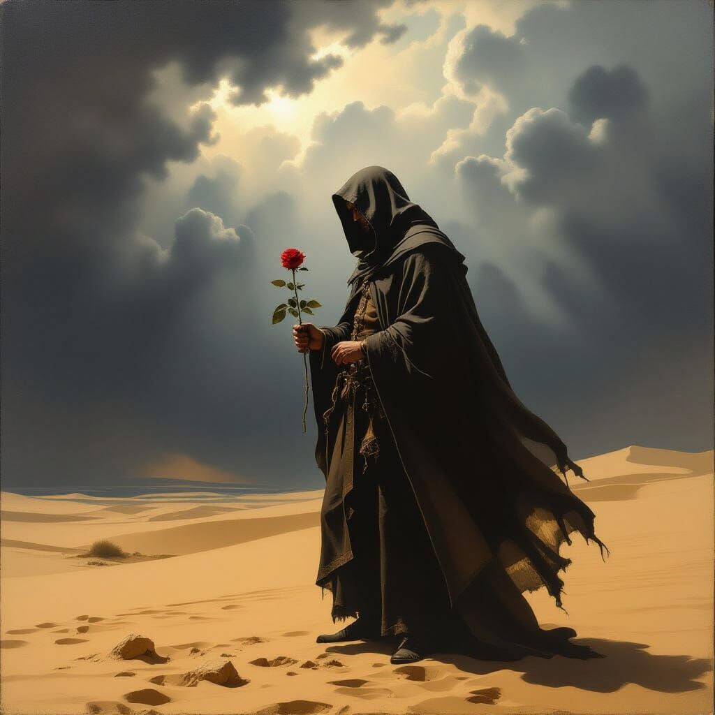 Man With Rose in Stormy Desert, Dutch Golden Age Style