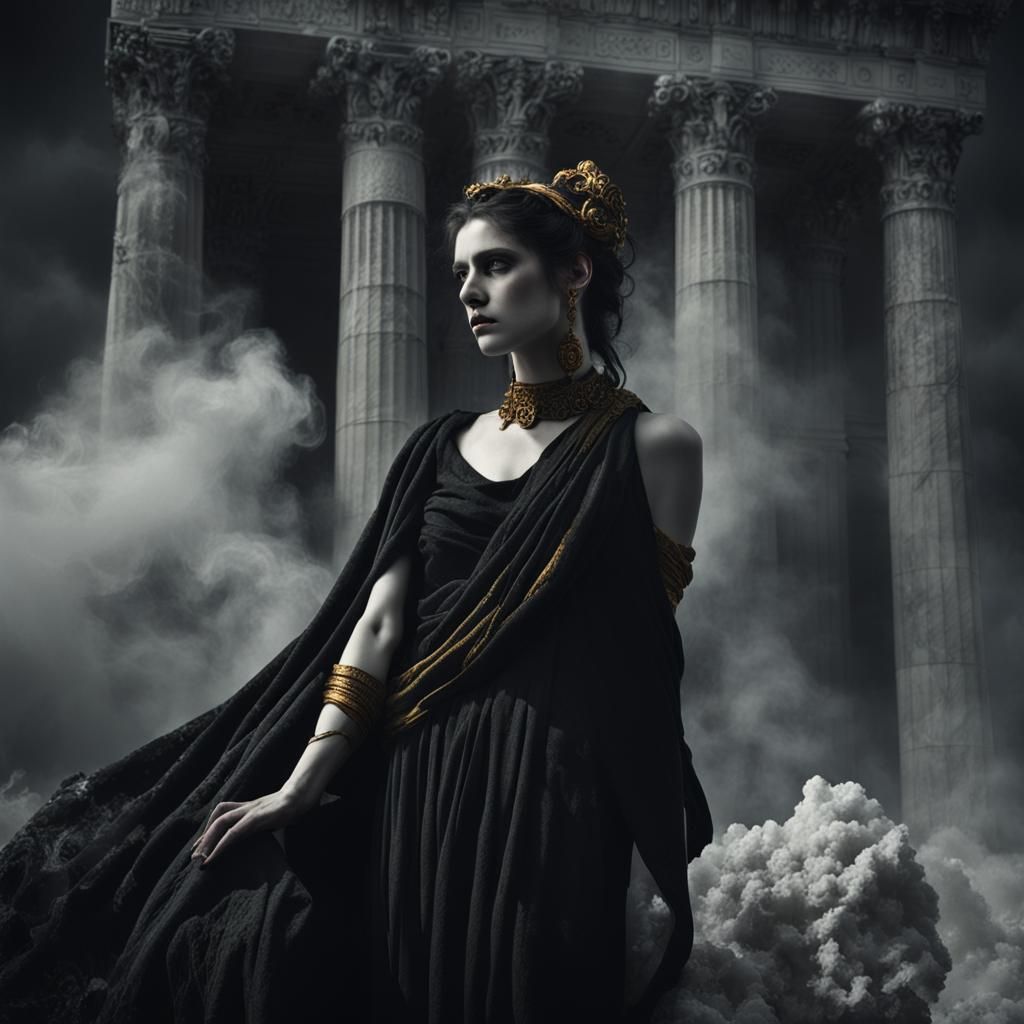Gothic Model Amidst Roman Ruins in Amber Light