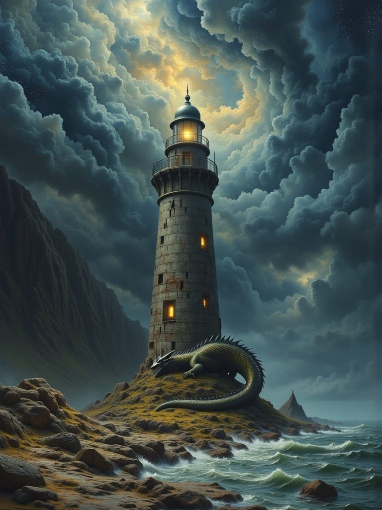 Ancient Golden Dragon Sleeps by Lighthouse in Starry Night