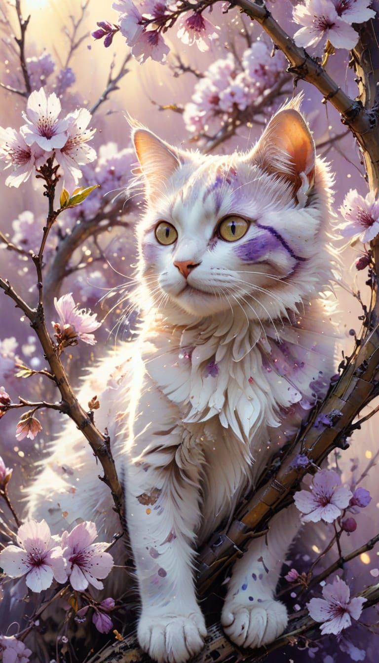 Cat in Orchard Watercolour in Carne Griffiths Style